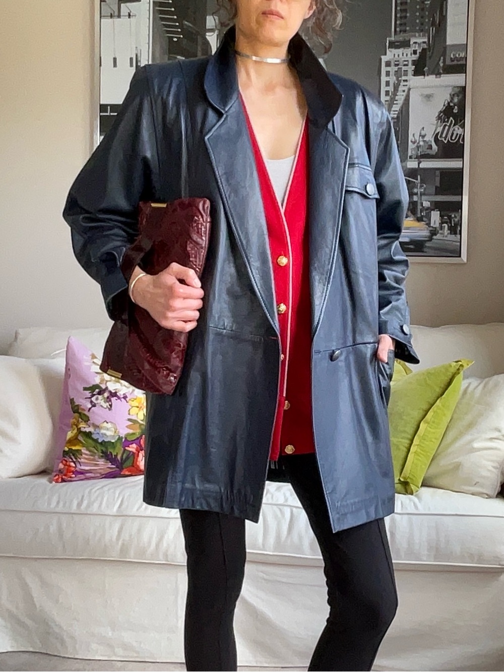 Leather navy blue blazer jacket